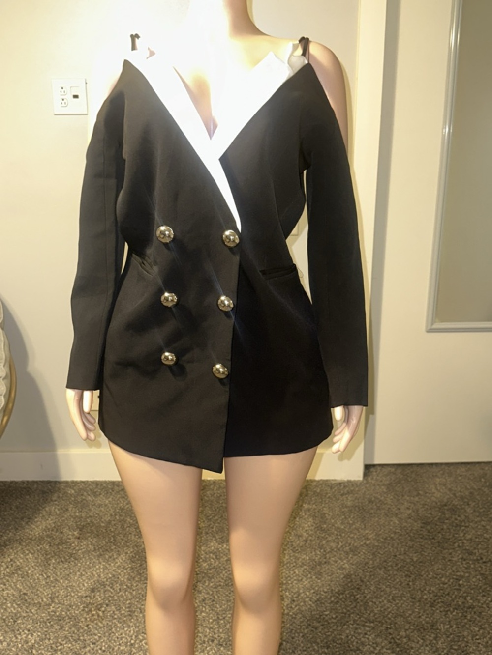 Black Double-Breasted Cold-Shoulder Blazer Dress with White Trim